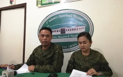 <p><strong>SOLDIERS IN SCHOOLS.</strong> Capt. Cenon Pancito III (L), chief of the 3rd Infantry Division Public Affairs Office, says on Thursday (Aug. 22, 2019) that West Visayas State University College of Agriculture and Forestry  campus in Lambunao, Iloilo has requested Army deployment in their campus to maintain peace and order. Pancito assured that Army deployment in schools is meant to prevent recruitment of the Communist Party of the Philippines-New People's Army (CPP-NPA) and not to deter academic freedom. <em>(PNA photo by Gail Momblan)</em></p>