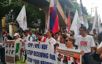 <p><strong>AWARENESS DRIVE.</strong> Around 300 participants stage a peaceful rally to spread awareness on the deceptive recruitment being done by alleged communist front groups in Manila on Thursday (Aug. 29, 2019). <em>(PNA photo)</em></p>
