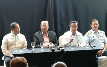 <p><strong>DUTERTE ADMIN'S FIRST SHIPBUILDING PROJECT</strong>. (From left to right) MARINA officer-in-charge, Vice Admiral Narciso Vingson, Jr., Department of Transportation Secretary Arthur Tugade, Philippine Ports Authority general manager Jay Daniel Santiago, and Philippine Coast Guard commander of Maritime Safety Services, Rear Admiral Leopoldo Laroya answer questions from the media following the conclusion of the Maritime Safety Summit for Domestic Shipping at the Diamond Hotel in Roxas Boulevard in Manila on August 30, 2019. The government plans to start construction of the Duterte administration’s first shipbuilding facility next year. <em>(Photo by Raymond Carl Dela Cruz)</em></p>