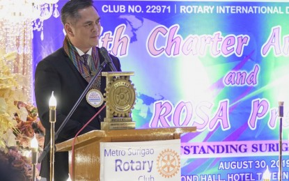 <p><strong>OUTSTANDING SURIGAONON</strong>. Presidential Communications Operations Office Secretary Martin M. Andanar delivers a speech as he accepted the Rotary Outstanding Surigaonon Award (ROSA) at the Hotel Tavern in Surigao City on Friday evening (Aug. 30, 2019). The event was held during the Rotary Club of Metro Surigao's 35th Charter Anniversary and 30th ROSA Presentation. <em>(Photo courtesy of PCOO)</em></p>