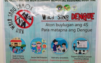 <p><strong>ANTI-DENGUE CAMPAIGN.</strong> A tarpaulin reminding the public to practice the '4S' to fight dengue is mounted inside the Malasakit Center of Corazon Locsin Montelibano Memorial Hospital in Bacolod City. The Provincial Health Office reported a total of 49 dengue deaths in Negros Occidental from January 1 to August 24 on Tuesday (September 3, 2019).<em> (PNA Bacolod file photo) </em></p>
<p> </p>