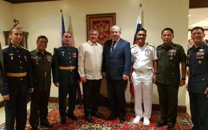 <p><strong>NEW DEFENSE ENVOY.</strong> (Third from the left) Russian Defense Attaché to the Philippines Col. Dmitry Nikitin, Philippine Defense Undersecretary Raymundo DV Elefante, and Russian Ambassador to the Philippines H.E. Igor Khovaev pose for posterity during the opening of the Russian Embassy’s Military Attaché Office in Makati City Tuesday (Sept. 3, 2019). Nikitin is the first Defense Attaché of Russia to the Philippines. <em>(Contributed photo)</em></p>