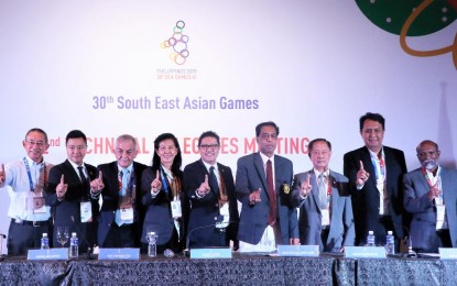 <p><strong>TECHNICAL DELEGATES.</strong> (From left) Katsumi Kuroda (Water Polo), Sebastian Lau (Esports), Ibrahim Fadil Naddeh (Swimming), Dato Low Beng Choo (President of Asian Federation - Softball & CDM of Team Malaysia, Ramon Suzara (PHISGOC COO), Abdul Halim Bin Abdul Kader (Sepak Takraw), Shanrit Wongprasert (Volleyball), Agus Antares Mauro (Basketball) and Valson Cuddikotta (Athletics) grace the press conference of the 2nd Technical Delegates Meeting held at the Polkabal Hall of the Manila Hotel on Wednesday (September 4, 2019). The Philippines will host for the fourth time the SEA Games from Nov. 30 to Dec. 11 this year. <em><strong>(Photo courtesy of Phisgoc)</strong></em></p>