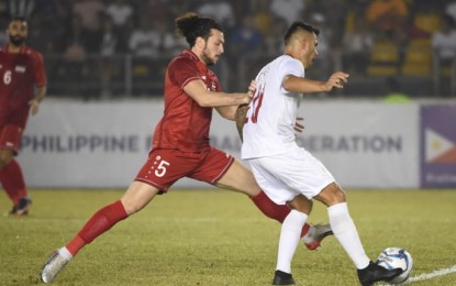 <p><strong>PITCH ACTION.</strong> The Philippine Azkals bows to Syria, 2-5, in Group A’s 2022 World Cup Qualifiers second-round match at Panaad Stadium in Bacolod City on Thursday night (September 5, 2019). The Philippines is lined up with Syria, China, Maldives, and Guam in Group A. <br /><em>(Photo courtesy of the-afc.com)</em></p>