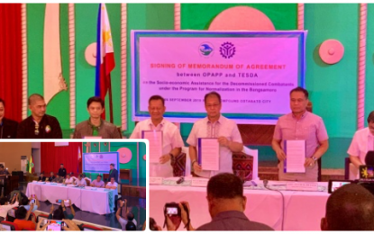 <p><strong>MILF TESDA TRAINING.</strong> Presidential Peace Adviser Carlito Galvez Jr. (center right), and Technical Education Skills Development Authority (TESDA) Director-General Sec. Isidro Lapeña (center left), led other representatives Friday (Aug. 6) in signing a memorandum of agreement (inset) that would hone the technical skills of former MILF combatants under a TESDA socio-economic package. <em><strong>(Photo courtesy of Noel Punzalan/PNA-Cotabato)</strong></em></p>