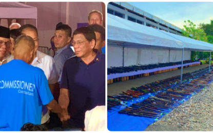 <p><strong>JOURNEY TO PEACE.</strong> President Rodrigo Roa Duterte (left photo) shakes the hand of one of 1,060 decommissioned Moro Islamic Liberation Front (MILF) combatants following the launching of the second phase of the decommissioning activity as part of the normalization track for the GPH-MILF comprehensive peace process on Saturday (Sept. 7, 2019). A total of 940 firearms (right photo) from the MILF were also decommissioned.<em> (PNA photos by Noel Punzalan)</em></p>