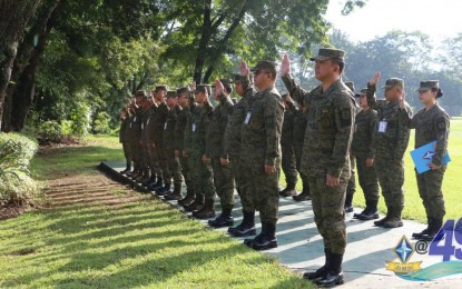 <p>OATH TO PROTECT HUMAN RIGHTS. Maj. Gen. Franco Nemesio Gacal, commander of the Army's 4th Infantry Division, led the pledge of reaffirmation of commitment and support for the International Humanitarian Law,  along with other key military officers in Camp Evangelista, Cagayan de Oro City, on Monday. <em>(Contributed photo)</em></p>
