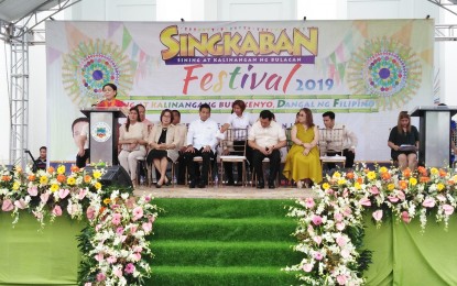 <p><strong>SINGKABAN FEST.</strong> Senator Cynthia Villar delivers her message during the opening of the week-long Singkaban Festival in Malolos City, Bulacan on Monday (September 9, 2019). Numerous activities lined-up as part of the celebration showcase the province’s history, arts, culture, and tourism. <em>(Photo by Manny Balbin)</em></p>