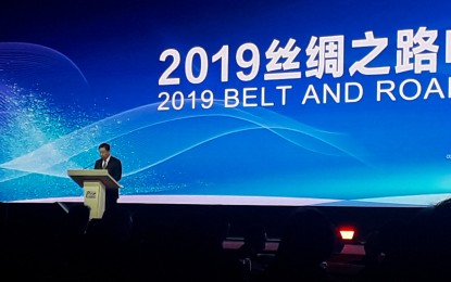<p><strong>BELT & ROAD</strong>. Deputy Minister of Publicity Ministry of Central Committee of the Communist Party of China Wang Xiaohui delivers his opening remarks during the Belt and Road Media Community Summit Forum at Diaoyutai State Guesthouse in Beijing on Tuesday (September 10, 2019). The council is composed of 29 members from various media organizations from nations under the Belt and Road Initiative (BRI). <em>(PNA Photo by Kris Crismundo)</em></p>