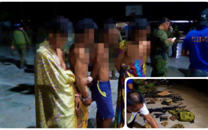 <p><strong>ARRESTED.</strong> A team of military and police personnel arrested Wednesday (Sept. 11) six persons believed to be members of a gun-for-hire and carnapping syndicate during a predawn raid in Barangay Inug-ug, Pikit, North Cotabato. Six high-powered firearms, grenades, and bladed weapons (inset) were also seized from the suspects, police said. <em><strong>(Photo courtesy of 6ID)</strong></em></p>