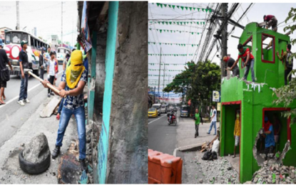 <p><strong>ROAD CLEARING OPS. </strong>Clearing operations teams of General Trias City remove the illegal structures on sidewalks along the Antero Soriano Highway in Barangay Bacao in compliance with President Duterte’s order to reclaim public roads from private use and rid the streets from illegal structures and obstructions, in one of the massive clearing operations on Sept. 9, 2019. <em>(Photos courtesy of GenTri LGU)</em></p>