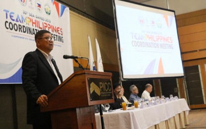 <p><strong>SEAGAMES PREP.</strong> Chef de Mission William Ramirez addresses fellow sports leaders during the coordination meeting as part of the Philippine team’s preparation for the 30th Southeast Asian Games at the Philippine International Convention Center on Friday (Sept. 13, 2019). The Philippines will be hosting the biennial meet for the fourth time from Nov. 30 to Dec. 11 this year.<em> (Photo courtesy of PSC)</em></p>