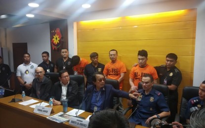 <p><strong>FUGITIVES</strong>. Government authorities present three Chinese nationals wanted for “economic crimes” in China in a press conference at the National Capital Region Police Office in Camp Bagong Diwa, Taguig City on Monday (Sept. 16, 2019). The three Chinese fugitives will be deported this week.<em> (PNA photo by Christopher Lloyd Caliwan)</em></p>
