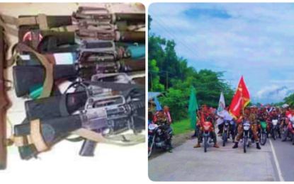 <p><strong>CONFISCATED.</strong> Army personnel seized some 35 firearms (left) from members of the Moro National Liberation Front – Nur Misuari faction (right) after they marched towards the Poblacion of Buluan, Maguindanao on Sunday, Sept. 15, 2019. The MNLF men said the peace march is for their federal victory achievement celebration.<em> (Photos courtesy of Nash Alfonso and Benjie Caballero – Cotabato Media Group)</em></p>