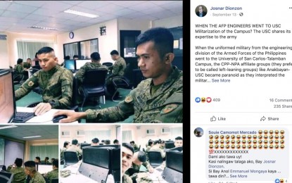 <p><strong>ARMY IN THE CAMPUS.</strong> This screencap shows photos of Army engineers from the 53rd Engineering Brigade undergoing a training on Geographic Information System (GIS) at the University of San Carlos-Talamban Campus, posted by netizen Josnar Dionzon. Dionzon, in his Sept. 13, 2019 Facebook blog, slammed the left-leaning group Anakbayan for wrongfully interpreting the Army engineers' presence at the USC as "campus militarization," while the USC Supreme Student Council described their training as "solely for educational purposes." <em>(Screencap from Josnar Dionzon's Facebook page)</em></p>