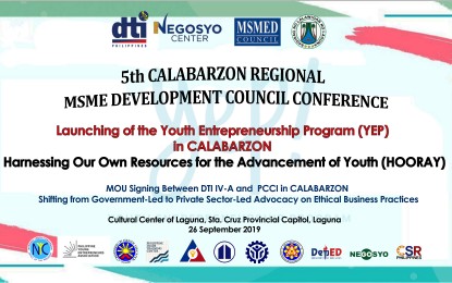 <p><strong>YOUTH ENTREPRENEURSHIP.</strong> Some 350 aspiring and existing entrepreneurs aged 18 to 20 years old are expected to attend the Calabarzon launch of the Department of Trade and Industry's Youth Entrepreneurship Program (YEP) at the Cultural Center of Laguna, Santa Rosa, Laguna on Thursday (Sept. 26, 2019). YEP is a nationwide program that aims to help young Filipinos develop their entrepreneurial skills through a comprehensive package of interventions. <em>(Photo courtesy of DTI-Calabarzon)</em></p>