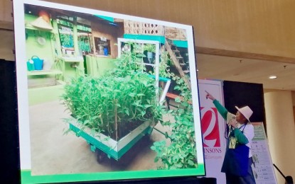 <p><strong>VEGGIES ON WHEELS.</strong> Honorio Cervantes, shows a photo of a "kariton" or wooden push cart planted with kangkong during his talk on square foot gardening in the "Agri-Talk" led by the Agricultural Training Institute-Region 7. The event was the first ever region-based forum in the entire country with Dumaguete chosen as its first venue held at a mall here on Wednesday (Sept. 18, 2019). <em>(PNA photo by Judy Flores Partlow)</em></p>