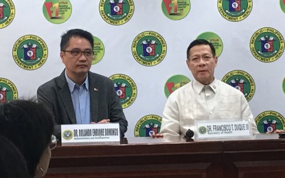 <p><strong>POLIO OUTBREAK.</strong> Health Secretary Francisco Duque III confirms outbreak of polio in the country in a press conference at the Department of Health on Thursday (Sept. 19, 2019).  Duque said polio is re-emerging 19 years after the Philippines has been declared polio-free by the World Health Organization in 2000. Also in photo is Health undersecretary Eric Domingo (left). <em>(PNA photo by Ma. Teresa Montemayor)</em></p>