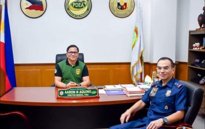 <p><strong>NO HARD FEELINGS.</strong> NCRPO head, Maj. Gen. Guillermo Eleazar visits the office of PDEA Director General Aaron Aquino at the PDEA headquarters in Quezon City on Thursday (Sept. 19, 2019). During their meeting, Aquino and Eleazar both assured that the two law enforcement agencies are in good terms as they exchanged information on the so-called 'drug queen' and 'ninja cops' involved in drug recycling. <em>(Photo from Director General Aaron Aquino Facebook page)</em></p>