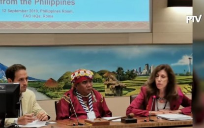 <p><strong>MORE CAUTIOUS.</strong> United Nations Food and Agriculture Organization Partnerships and Capacity Development Division Director, Marcela Villareal (right), says her office would be more careful in choosing which NGOs to help in the Philippines to avoid funding the communist armed movement, in a dialogue with Filipino IP leaders in Rome, Italy on September 16, 2019. The tribal leaders are in Europe to rally the international community to resist the narratives of the CPP-NPA.<em> (Photo courtesy of PTV 4)</em></p>
