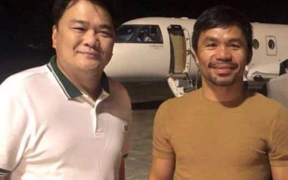 <p><strong>PACMAN IN BACOLOD.</strong> Bacolod City Lone District Rep. Greg Gasataya (left) sends off Senator Manny "Pacman" Pacquiao at the Bacolod-Silay Airport at midnight on Saturday (Sept. 21, 2019) after the boxing icon’s two-day visit in the city last weekend. Pacquiao watched the Maharlika Pilipinas Basketball League match between host-Bacolod Master Sardines, which won against the Soccsksargen Armor On Marlins. <em>(Photo courtesy of Rep. Greg Gasataya)</em></p>