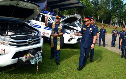 <p><strong>PATROL VEHICLES.</strong> Police Regional Office-11 turns over patrol vehicles and other equipment to five provincial police offices in Davao Region on Monday (Sept. 23, 2019). The said vehicle and equipment are part of the continuous upgrading and modernization of operational capabilities of PRO-11. <em>(Photo courtesy of PRO-11)</em></p>