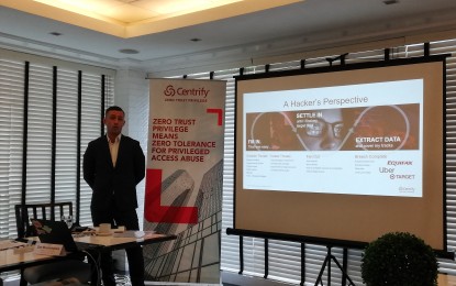 <p><strong>CENTRIFY GOES TO PH</strong>. Dan Mountstephen, Centrify’s regional vice president for the Asia Pacific and Japan, introduces their 'zero trust' privileged access management (PAM) software in a roundtable discussion with the media in Makati City on Sept. 24, 2019. He said their PAM service not only includes a cyber-vault for storing passwords, but also includes multi-factor authentication of its users and granting least privilege access to lessen a company's susceptability to data breaches. <em>(PNA photo by Raymond Carl Dela Cruz)</em></p>