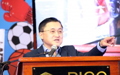 <p><strong>PRRD SUPPORT FOR SPORTS</strong>. Senator Christopher Lawrence "Bong" T. Go delivers his message during Games and Amusements Board (GAB)-sponsored Philippine Professional Sports Summit at the Philippine International Convention Center (PICC) in Pasay City on Tuesday (September 24, 2019). Go assured full support of President Rodrigo Duterte to the development of sports. <em>(PNA photo by Jess M. Escaros Jr.)</em></p>