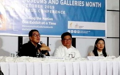 <p><strong>MUSEUMS AND GALLERIES MONTH 2019.</strong> The National Commission for Culture and the Arts (NCCA), partners with the Museo De La Salle for the South Luzon launch of Museums and Galleries Month Celebration 2019, during the press conference at De La Salle University in Dasmariñas, Cavite on Tuesday (Sept. 25, 2019). In photo are resource speakers (seated, from left) National Committee on Art Galleries head John Delan Robillos, NCCA Commissioner on Cultural Heritage Fr. Harold Rentoria, OSA; and National Committee on Museums vice head and Museo De La Salle Director Cecille Torrevillas-Gelicame. <em>(PNA photo by Gladys S. Pino)</em></p>