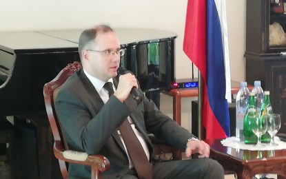 <p>Russian Deputy Minister for Industry and Trade Aleksey Gruzdev speaks to reporters on the sidelines of his two-day official visit to Manila. <em>(PNA photo by Joyce Ann L. Rocamora)</em></p>