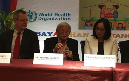 <p><strong>ANTI-CANCER DRIVE.</strong> Dr. Adriano Laudico (center), Philippine Cancer Society representative, says the government has been providing free chemotherapy agent for acute lymphocytic leukemia, in a press conference in Pasay City on Wednesday (Sept. 25, 2019). Laudico said acute lymphocitic leukemia is the most curable type of childhood cancer. <em>(PNA photo by Ma. Teresa Montemayor)</em></p>
