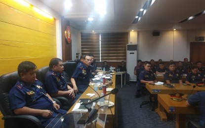 <p><strong>'DRUG QUEEN'.</strong> Maj. Gen. Guillermo Eleazar (seated middle in left table) on Tuesday meets with all the chiefs of Drug Enforcement Units in the National Capital Region to give additional guidance with regard to procedures during drug related operations in Camp Bagong Diwa on Tuesday (Sept. 24, 2019). Eleazar later confirmed that Guia Gomez-Castro, chairperson of Barangay 484, Zone 48 in Sampaloc, Manila is the alleged 'drug queen', who is on top of the recycling of seized illegal drugs by 'ninja' cops.<em> (PNA photo by Christopher Lloyd Caliwan)</em></p>