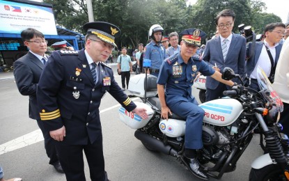 <p><strong>KOICA-DONATED MOTORCYCLES.</strong> PNP chief, Gen. Oscar Albayalde receives the 142 motorbikes donated by the South Korean government in a turnover ceremony in Camp Crame on Thursday (Sept. 26, 2019). The motorcycles, which were given through the Korea International Cooperation Agency, aims to boost the PNP's anti-criminality drive. <em>(Photo courtesy of PNP-PIO)</em></p>