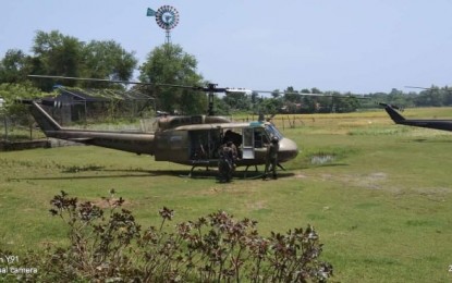 <p><strong>RESTRICTED</strong>. Choppers carrying members of the Philippine Army's 61st Infantry Battalion (61IB) during their operation against the rebels in Ongyod village, Miagao town on Monday (Sept. 23). Lt. Col. Joel Benedict Batara, 61st IB commander, advised tourists to seek permission from authorities before they pursue hiking plans in Miag-ao and Igbaras after a series of encounters between soldiers and rebels since Sept. 20. <em>(Photo courtesy of Army's 61IB)</em></p>