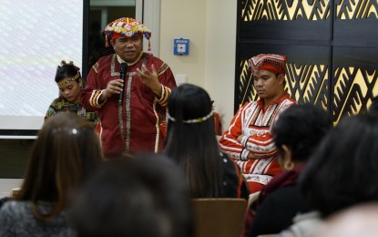 <p><strong>AFRAID NO MORE. </strong>Datu Nestor Apas shares his personal experiences with the Communist Party of the Philippines - New People's Army (CPP-NPA) before members of the Filipino community in Berlin on Wednesday (Sept. 25, 2019). Apas said the killing of IP elders has compelled them to push back against the communist movement.<em> (Contributed photo)</em></p>