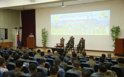 <p><strong>MILITARY EXERCISE</strong>. The Armed Forces of the Philippines (AFP) on Monday concluded its third multi-service military exercise "DAGIT-PA" during closing ceremonies held at the AFP Education Training and Doctrine Command (AFPETDC) in Camp Aguinaldo, Quezon City on Monday (Sept. 30, 2019). "DAGIT-PA" stands for “Dagat-Langit-Lupa” which aims to enhance interoperability during joint operations of the Philippine Navy, Philippine Air Force and Philippine Army including reservists. (<em>Photo courtesy of AFP PAO</em>) </p>