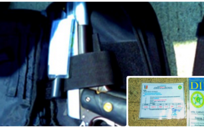 <p><strong>SEIZED FIREARM.</strong> A .45-caliber pistol was confiscated from Datu Ayatullah Jainal Mapandala, village chief of Barangay Kiladap, Talitay, Maguindanao (inset ID card) following a road accident in Esperanza, Sultan Kudarat province on Tuesday morning (Oct. 1, 2019). Police said the suspect failed to present pertinent documents allowing him to carry a firearm.<em> (Photos courtesy of Esperanza MPS)</em></p>