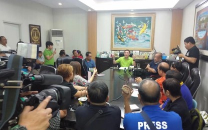 <p><strong>ASF SITUATION.</strong> Mayor Rico Roque of Pandi, Bulacan explains to members of the local media the real status of piggeries affected by the African swine fever (ASF) during a press conference held in his office on Thursday (Oct. 3, 2019). A total of 191 ASF-infected swine were already culled in Pandi. <em>(Photo courtesy of Pandi Information Office)</em></p>