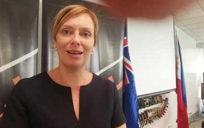 <p><strong>PH-AUSTRALIA TIES</strong>.  Clare Duffield, Australian Embassy Counselor for Political and Public Affairs, speaks to reporters in Makati City on Thursday (Oct. 3, 2019). She underscored the broad and deep relationship between the Philippines and Australia. <em>(PNA photo by Joyce Rocamora)</em></p>