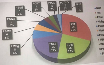 <p><strong>CASES VS. ERRING COPS.</strong> The PNP-Integrity Monitoring and Enforcement Group presents a pie chart with the breakdown of 124 arrested police officers Thursday (Oct. 3, 2019). Most of the erring cops have the ranks of patrolman, corporal and staff sergeant. <em>(Photo courtesy of PNP-IMEG)</em></p>
<p> </p>