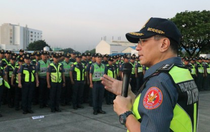 <p><strong>FOCUS ON MANDATE. </strong>NCRPO chief, Maj. Gen. Guillermo Eleazar, tells police officers not to get distracted by the issues hounding the PNP and instead focus on their jobs, in his speech in Parañaque City on Thursday (Oct. 3, 2019). His remarks came in the wake of allegations dragging PNP chief, Gen. Oscar Albayalde, into the 'ninja cops' issue.<em> (Photo courtesy of NCRPO PIO)</em></p>