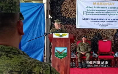 <p><strong>ACTIVATED.</strong> Philippine Army chief, Lt. Gen. Macairog Alberto delivers his speech during the activation and assumption of command ceremony of the PA's aviation, rocket and missile units, at Fort Magsaysay in Nueva Ecija on Thursday (Oct. 3, 2019). These units are the Aviation “Bagwis” Regiment (Provisional), 2nd Multiple Launch Rocket System Battery and 1st Land-based Missile System Battery. <em>(Photo courtesy of the Office of the Army Chief Public Affairs)</em></p>