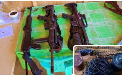 <p><strong>RECOVERED FIREARMS.</strong> The firearms seized by the Army's 72nd Infantry Battalion in Magpet, North Cotabato after a New People’s Army surrenderer led soldiers to the rebels’ firearms repository several days after his surrender on Sept. 29, 2019. Government troopers also found anti-personnel mines and ammunition (inset) at the site. <em>(Photo courtesy of 72nd IB)</em></p>