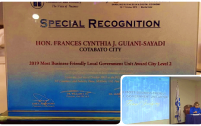 <p><strong>MOST BUSINESS-FRIENDLY.</strong> The award received by Cotabato City as “2019 Most Business-Friendly Local Government Unit Award City Level 2” from the Philippine Chamber of Commerce and Industry (PCCI) in Manila on Wednesday (Oct. 2, 2019). Cotabato City Mayor Frances Cynthia Guiani-Sayadi (inset) said a PCCI board panel interviewed her on the business potentials of the locality before the awarding ceremony. <em>(Photo courtesy of Cotabato CIO)</em></p>