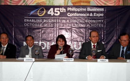 <p style="text-align: left;"><strong>PH BIZ CONFAB LAUNCH.</strong> Top officials of the Philippine Chamber of Commerce and Industry (PCCI) discuss the highlights of the forthcoming 45th Philippine Business Conference & Expo at the Roma Salon of the Manila Hotel on Friday (Oct. 4, 2019). The annual business summit, slated to be held on October 16-17 this year with the theme “Enabling Business in a Digital Economy”, will look into the disruptive and transformative effects of the digital economy, and how businesses must prepare for this technology-driven revolution.<em> (PNA photo by Gil Calinga)</em></p>