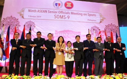 <p><strong>STRONG ASEAN SPORTS.</strong> Heads of delegation to the 9th Association of Southeast Asian Nations (Asean) Senior Officials Meeting on Sports pose after the first day of the 9th Asean Senior Officials Meeting on Sports (SOMS-9) at the Sofitel Hotel in Pasay City on Monday (Oct. 7, 2019). The event kicked off the series of meetings of Asean sports officials which aim to strengthen sports cooperation in the region.  <em>(Contributed photo)</em></p>