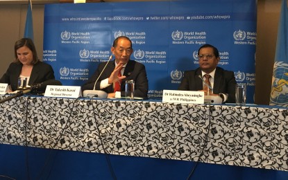 <p><strong>HEALTH PLAN</strong>. World Health Organization (WHO) Western Pacific regional director Dr. Takeshi Kasai (center), during a press conference on Monday (Oct. 7) at the WHO headquarters in Manila, says the Western Pacific is rapidly changing that resolutions to various health challenges must be done ahead of time. Kasai added countries in the region must transform their health systems to help the vulnerable members of the society become healthier and have productive lives. <em>(PNA photo by Ma. Teresa Montemayor)</em></p>
