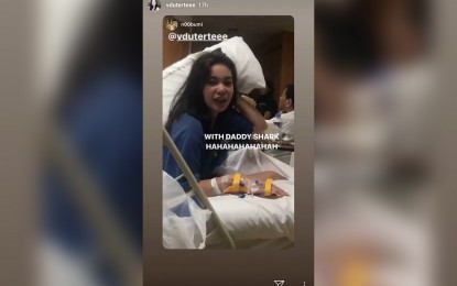 <p><strong>GETTING BETTER.</strong> Screenshot shows Kitty being visited by her father, President Rodrigo Duterte, in a hospital in Davao City. Presidential Spokesperson Salvador Panelo on Tuesday (Oct. 8, 2019) said Kitty is getting better now after reportedly contracting dengue. <em>(Screenshot from @vduterteee on Instagram)</em></p>