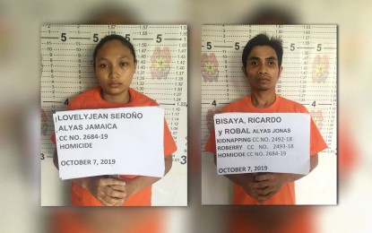 <p><strong>ARRESTED. </strong>The mug shots of alleged New People’s Army members Ricardo Bisaya, 26, and Lovely Jane Seroño, 22, following their arrest in Pantukan town, Compostela Valley province on Monday (Oct. 7, 2019). The pair, who are live-in partners, were arrested for various crimes, including homicide and robbery. <em>(Contributed photo)</em></p>