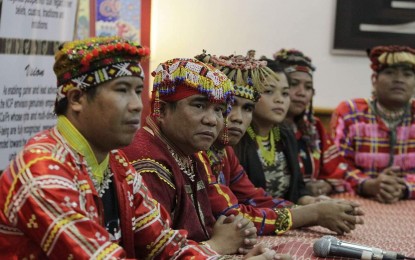 <p><strong>RELIEVED</strong>. Indigenous Peoples leaders from Mindanao heave a sigh of relief after learning of the news of Salugpungan schools' closure. The Department of Education in Davao Region announced on Tuesday its order to shut down operations of 55 schools in its area. In this Oct. 4, 2019 photo are (from left) Joel Dahusay, Datu Nestor Apas, Datu Asenad Bago, Bae Anna Jessmae Crisostomo, Bae Chiary Balinan, and Datu Awing Apuga. (<em>PNA File photo by Avito Dalan</em>)</p>